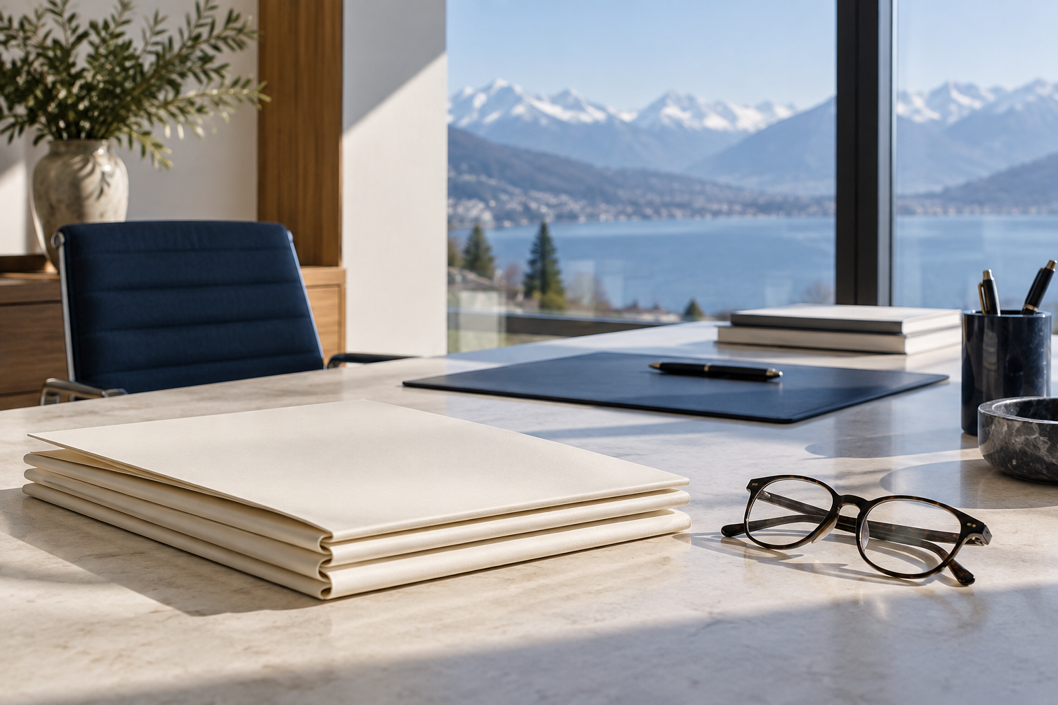 Dossiers et lunettes sur un bureau